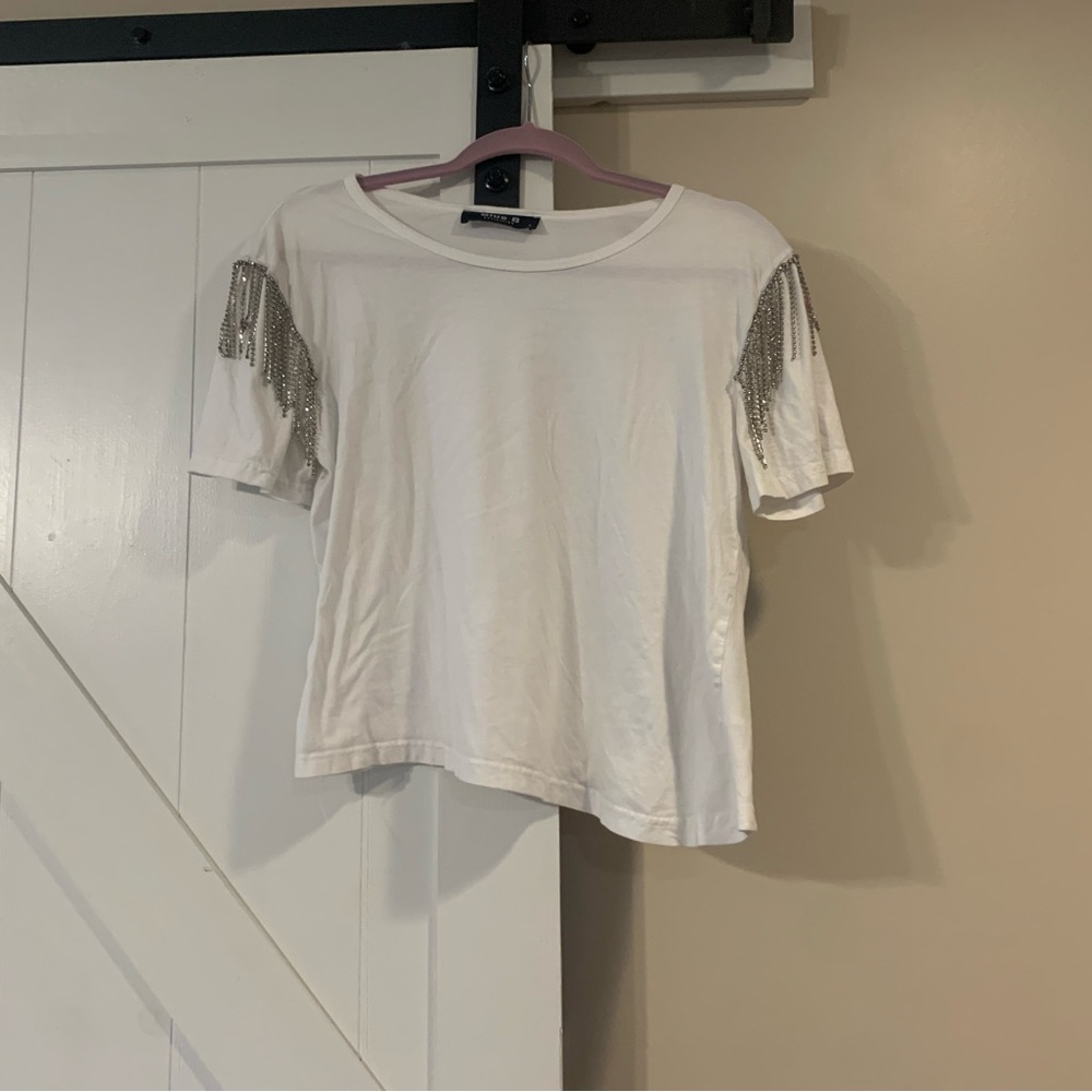 White Crop Top with Silver Fringe